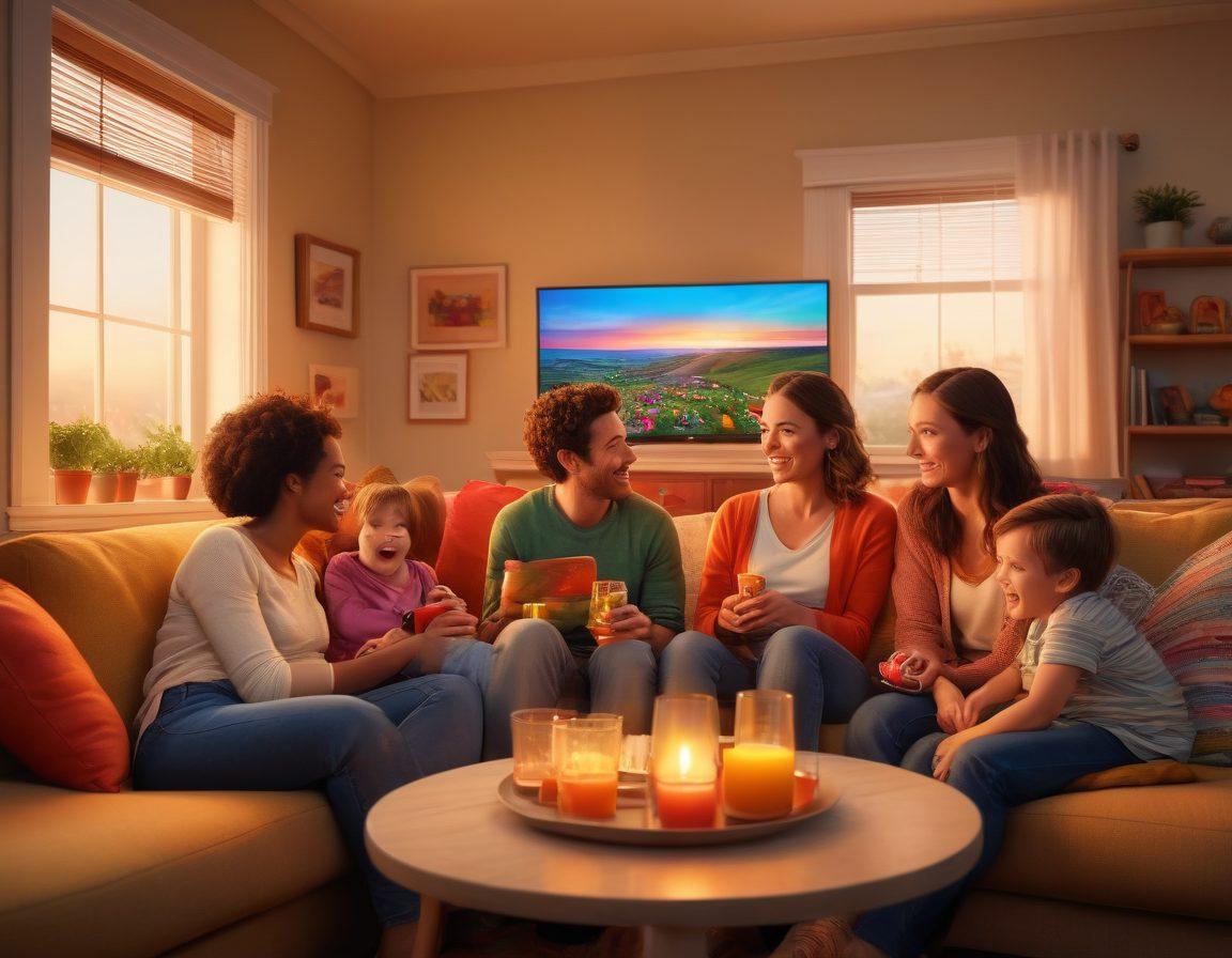 A cozy living room scene with a family gathered around a TV, their faces illuminated by a warm glow from the screen. Display various moments of joy, laughter, and connection highlighted in a rainbow of vibrant colors. Include snacks and cushions to enhance comfort, and a window with a cheerful sunset to symbolize happiness. super-realistic, vibrant colors, warm lighting.