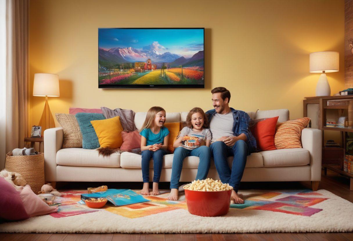 A cozy family living room with a large screen showing a fun family film, surrounded by laughter and joy. Kids sitting on a fluffy rug with popcorn, parents on a comfortable sofa smiling, and warm lighting creating a welcoming atmosphere. Include colorful movie posters on the walls and a playful pet nearby. Vibrant colors. super-realistic.