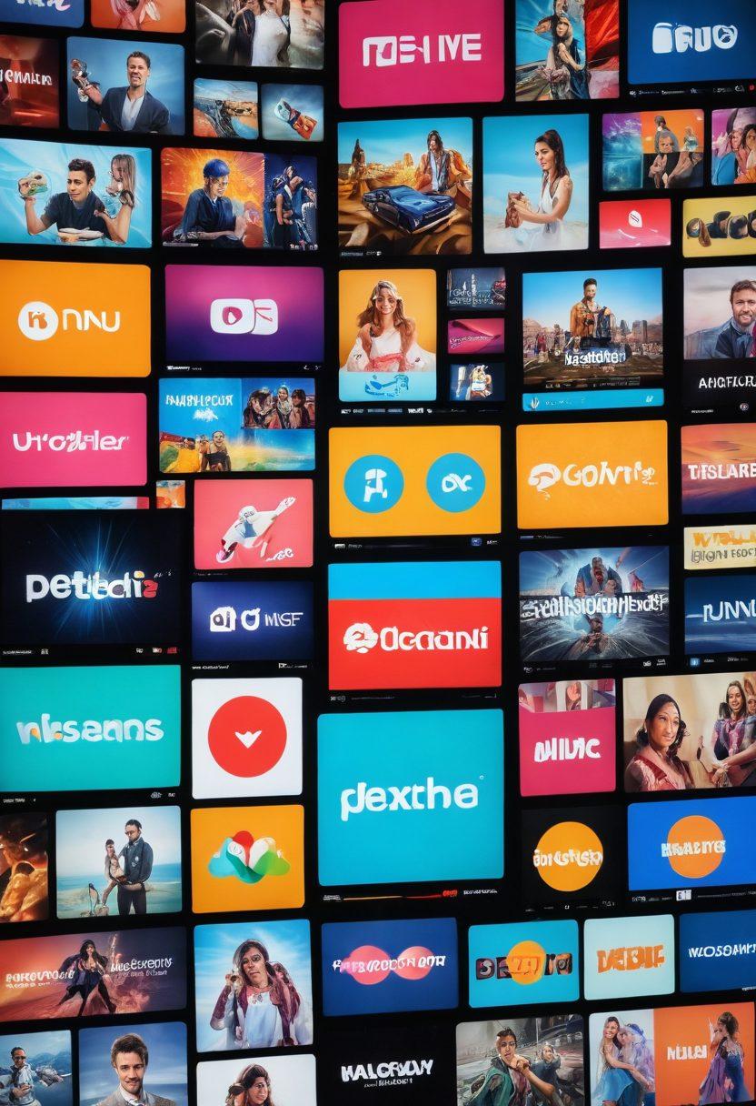 A vibrant collage showcasing elements of live streaming and on-demand media, featuring a colorful television screen displaying a live broadcast on one side and a selection of popular on-demand shows on the other. Include iconic symbols like a play button and a streaming icon, with dynamic sound waves emanating from the screen. The background should be energetic and engaging, filled with fans and viewers enjoying various content, emphasizing the evolution of visual media. super-realistic. vibrant colors. dynamic composition.